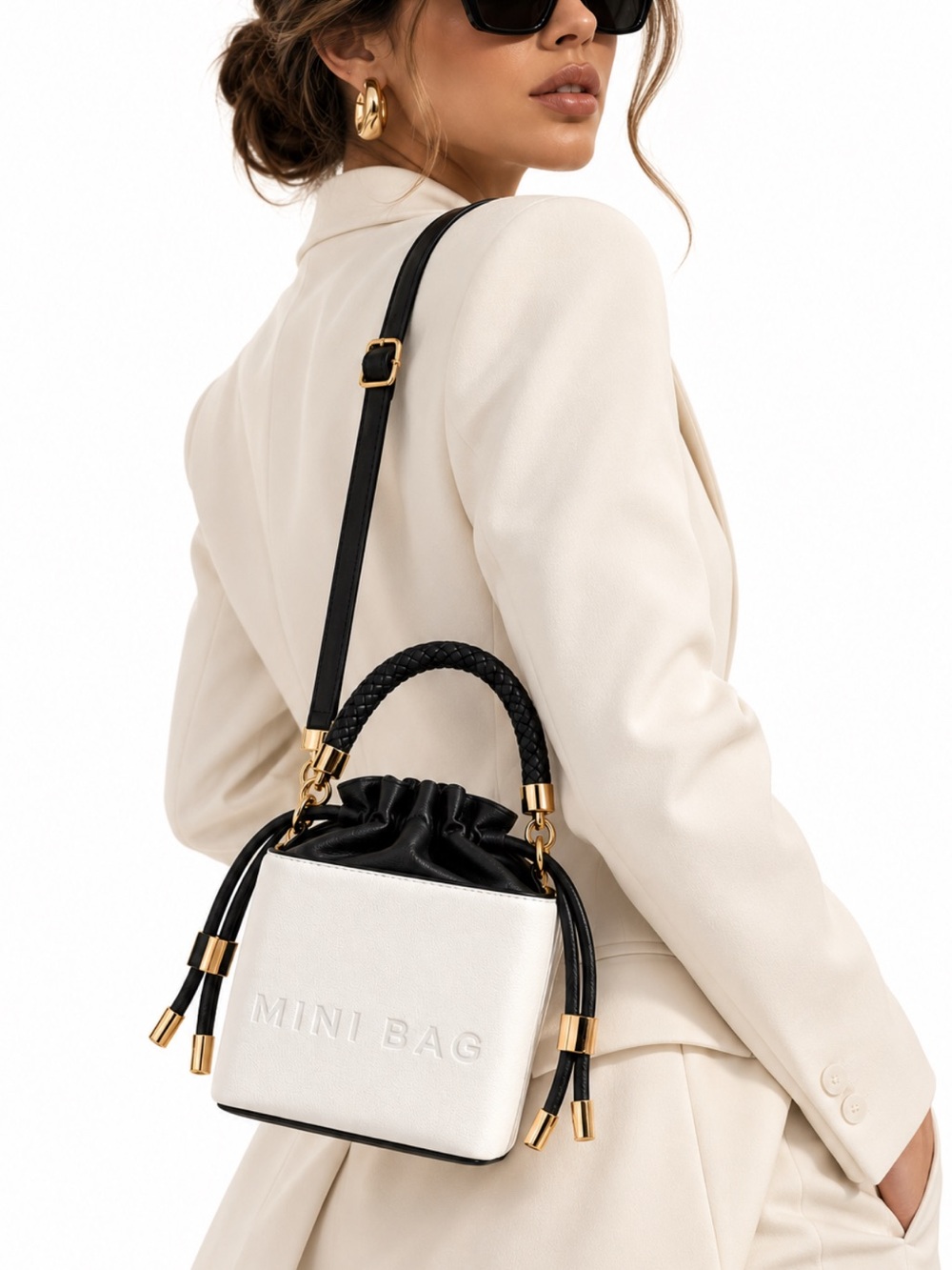 NWT Black White Mini Bucket Bag Gold Hardware Crossbody Shoulder Bag